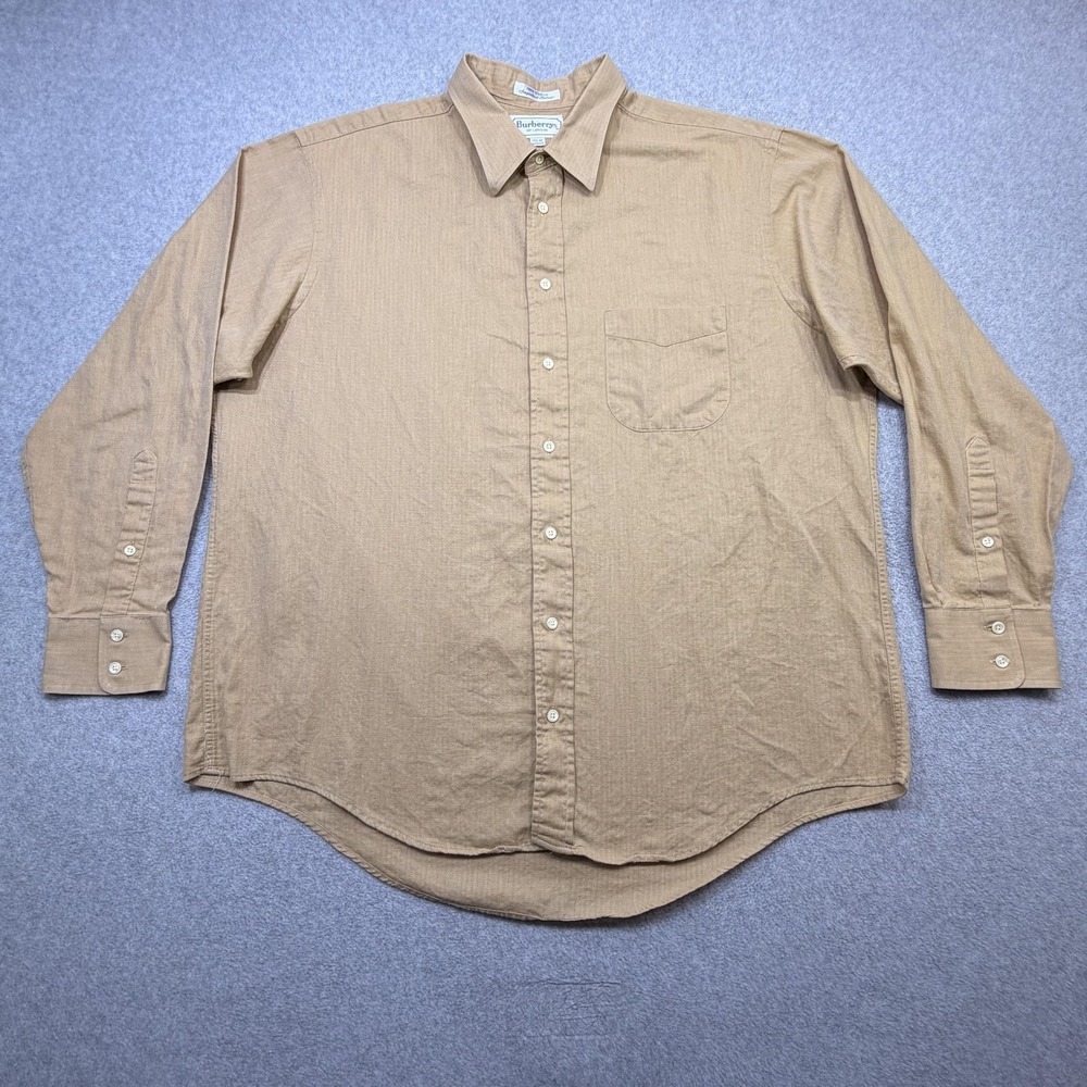 Vintage Burberrys of London Shirt Mens 17.5 35 Beige Herringbone Dress USA 90s